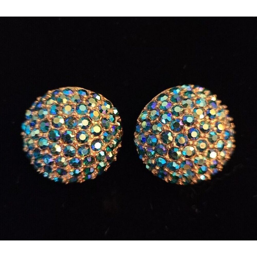 Vintage Gold Tone Blue Green Rhinestone Round Shoe Clips Black Tie Night Out